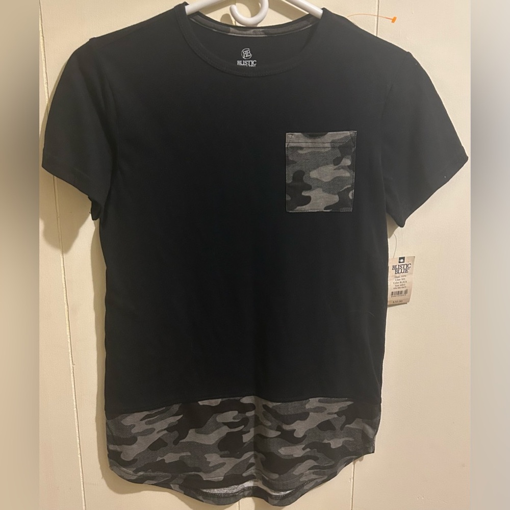 Black and Gray Camo Pocket T-Shirt - rustic blue - medium